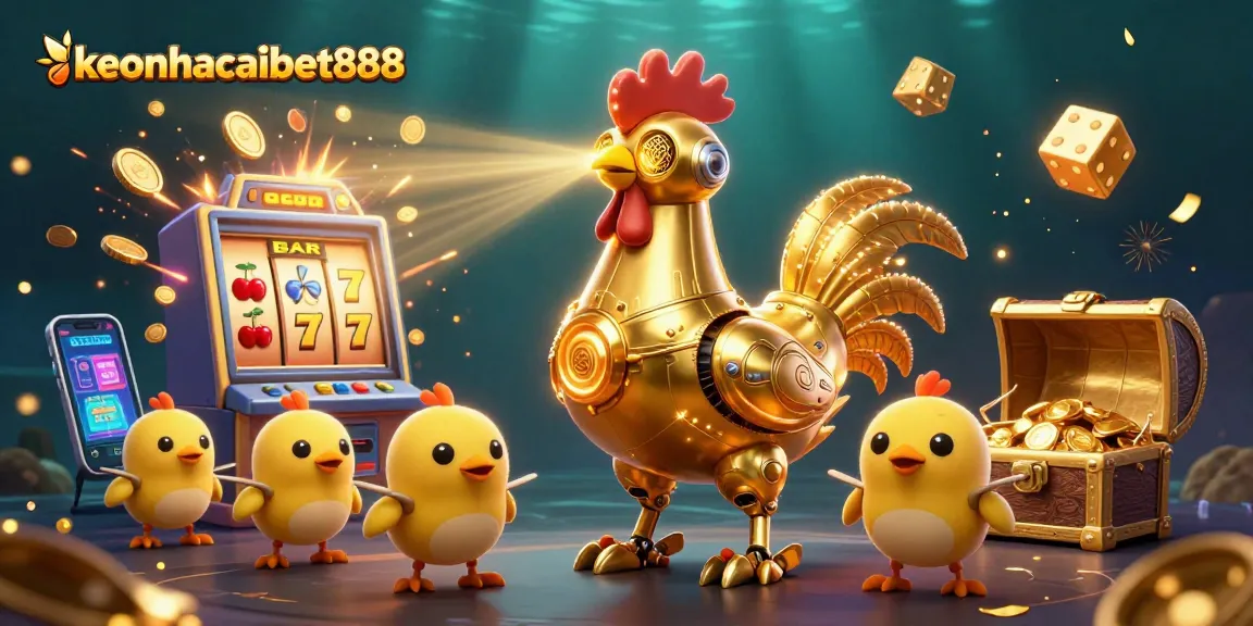 Engage with keonhacaibet888's thrilling world of casino excitement, featuring a golden rooster robot and dynamic slot machine.