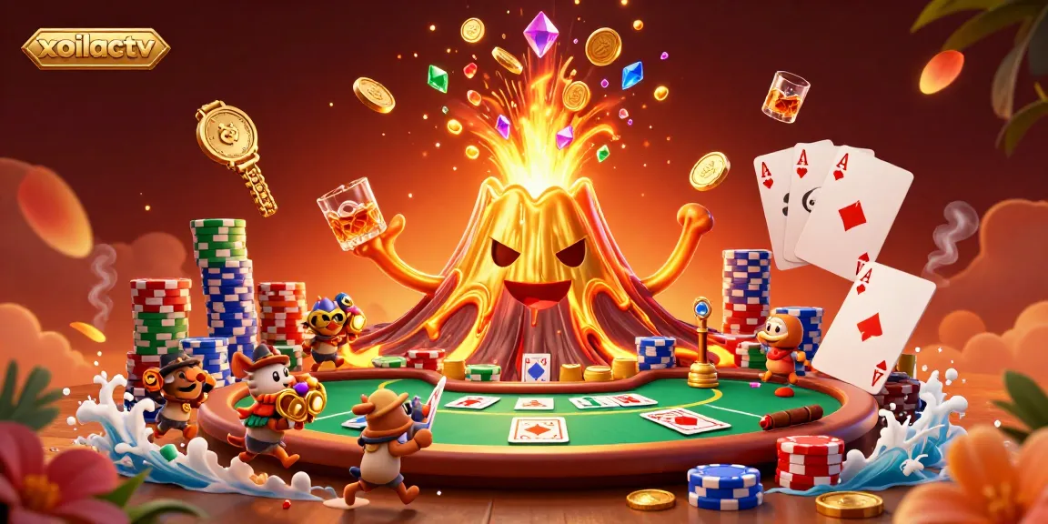 Xoilactv delivers an exhilarating view of a lively scene where treasure-seeking explorer animals scamper beneath a golden volcano erupting coins.
