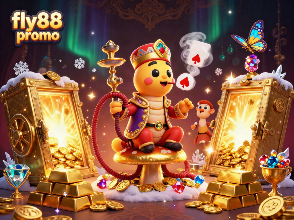 Experience the fly88 promo with vibrant details of a cartoon caterpillar in a casino scene.