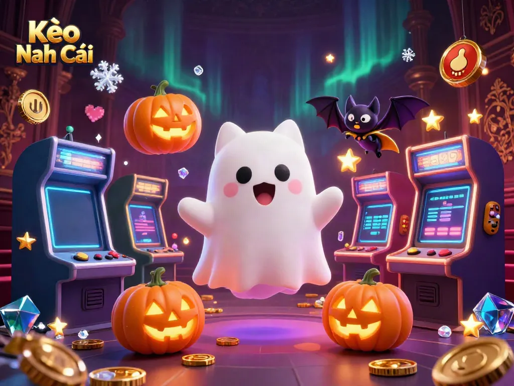 Kèo Nhà Cái showcases a lively scene with a ghost cat, bat companion, and arcade machines in a haunted casino.