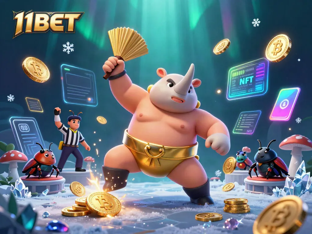 11BET rhinoceros beetle champion stomps coins in vibrant 3D casino scene filled with crypto elements.