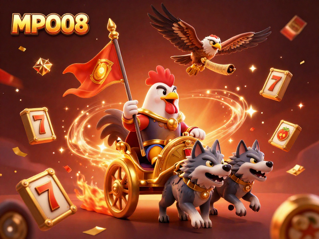 MPO08 showcases an exhilarating gaming scene with a rooster warlord amidst dynamic slot game elements.