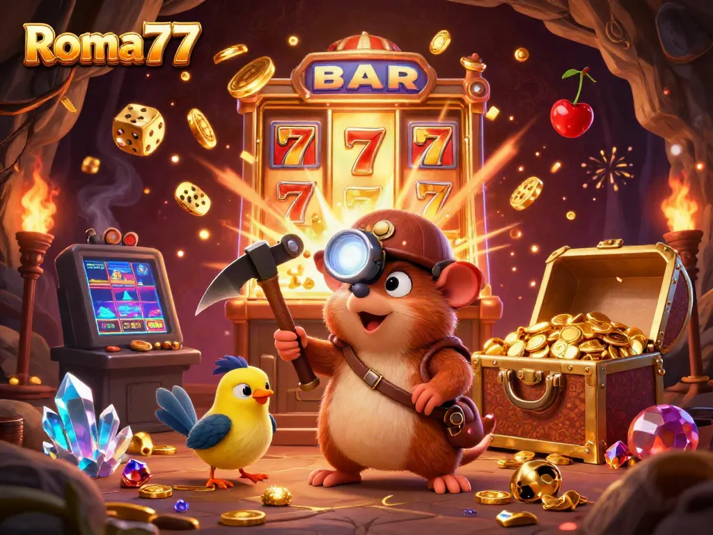 Experience thrilling wins with Roma77 in a vibrant illustration of a treasure hunter mole exploring a jackpot-filled casino world.