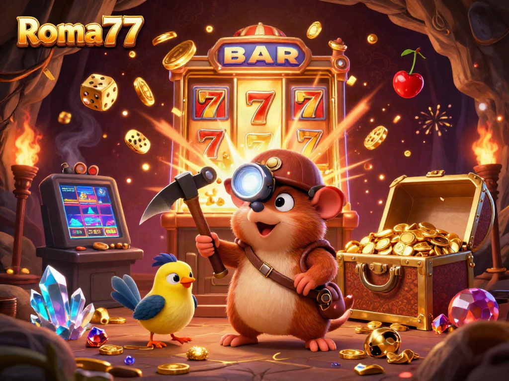Experience thrilling wins with Roma77 in a vibrant illustration of a treasure hunter mole exploring a jackpot-filled casino world.