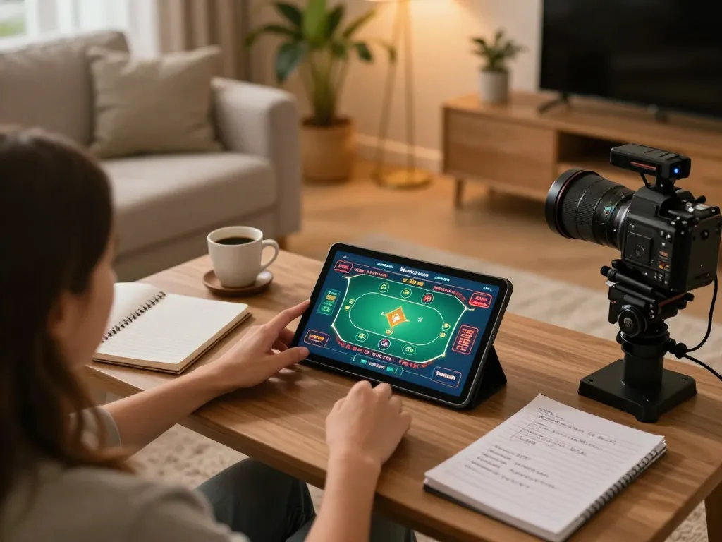 TẢI GO88 on tablet while enjoying a cozy home gaming experience with strategic notes at hand.
