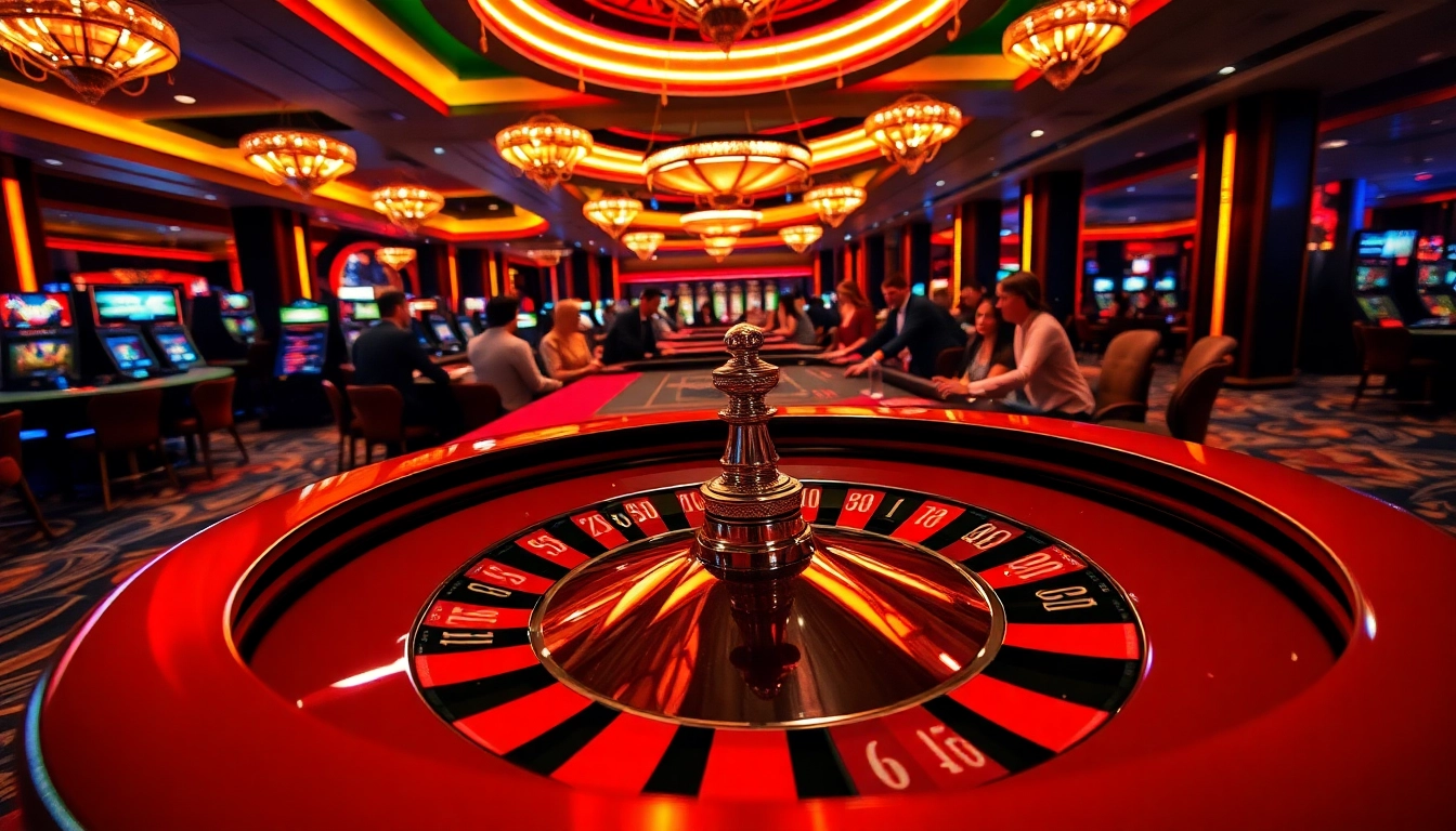 Menggambarkan suasana casino dengan toko56 yang ramai dan meja roulette mewah.
