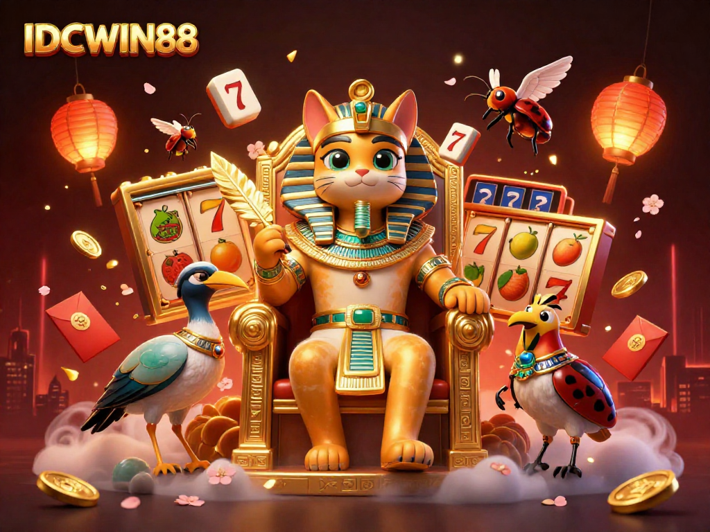 Experience winning strategies with IDCWIN88 featuring a golden pharaoh cat in a vibrant casino scene.