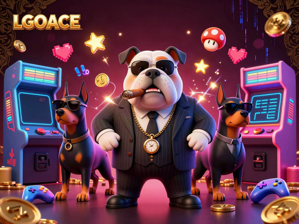 LGOACE platform gaming scene featuring a mafia boss bulldog with arcade machines and glowing elements.
