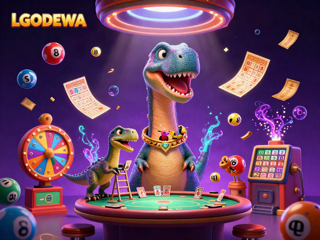 Join the exciting world of LGODEWA with a vibrant casino scene featuring a brontosaurus and raptor.