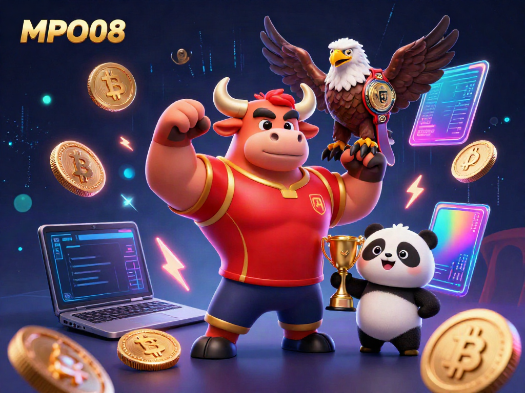 Engage inaction packed MPO08 casino excitement with a muscular bull mascot celebrating wins.