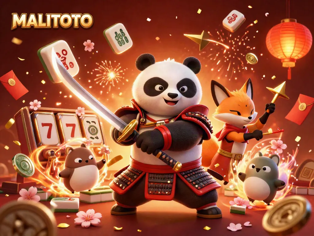 MALITOTO's vibrant gambling-themed scene featuring a samurai panda, ninja fox, and spirit tanuki surrounded by slot reels and casino elements.