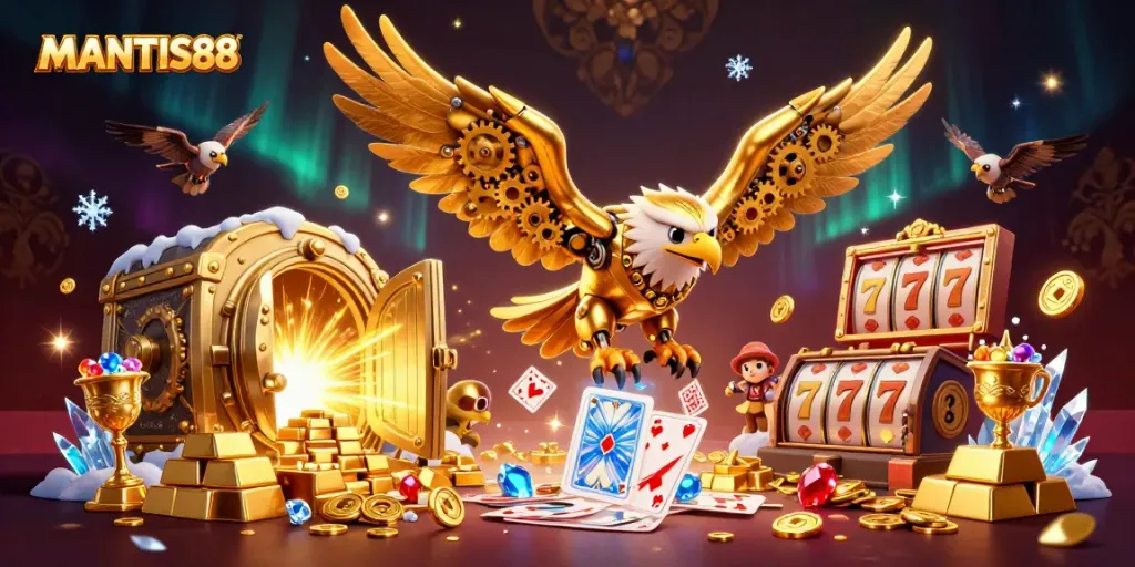 Experience MANTIS88's thrilling gaming adventure with a cybernetic eagle among treasures and vibrant slot elements.