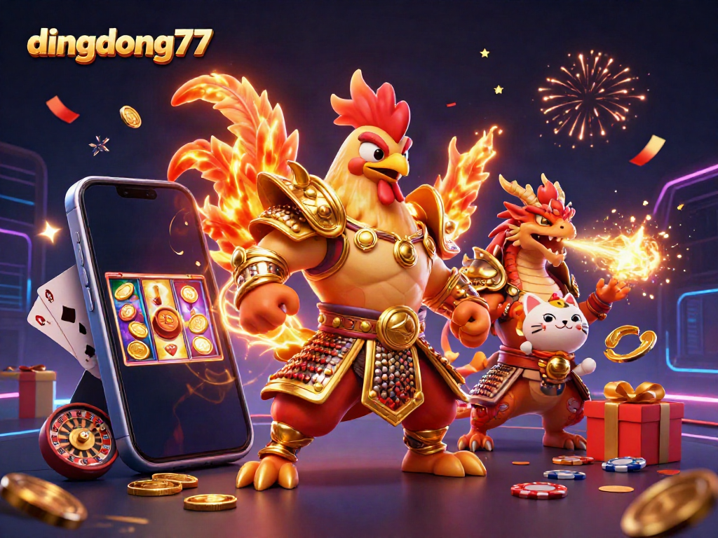 Engage with dingdong77's thrilling games showcased by a dynamic rooster warrior and a dragon in a casino setting.