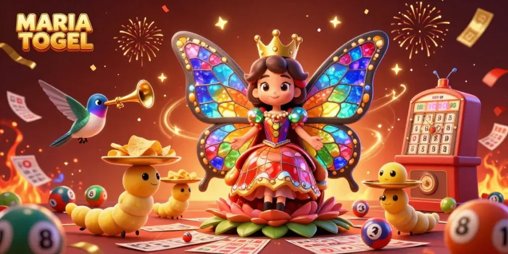 Engaging MARIATOGEL scene showcasing the butterfly queen amid lottery elements, enchanted atmosphere, and vibrant colors.