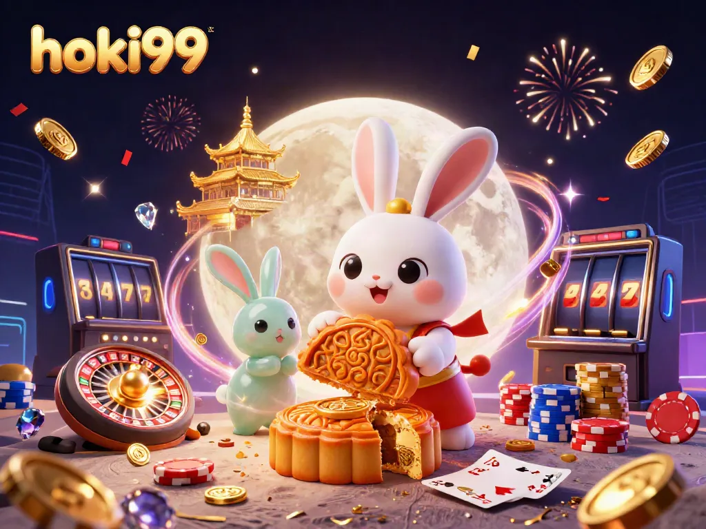 Hoki99 mempersembahkan ilustrasi kartun 3D menampilkan kelinci bulan dan chip poker di permukaan bulan.