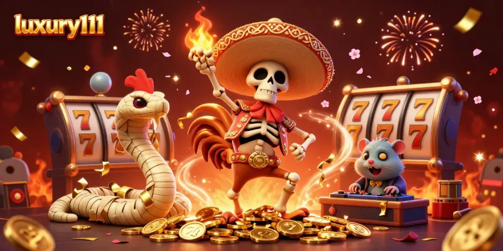 Spin to win with luxury111's vibrant 3D casino celebration featuring characters and rich game elements.