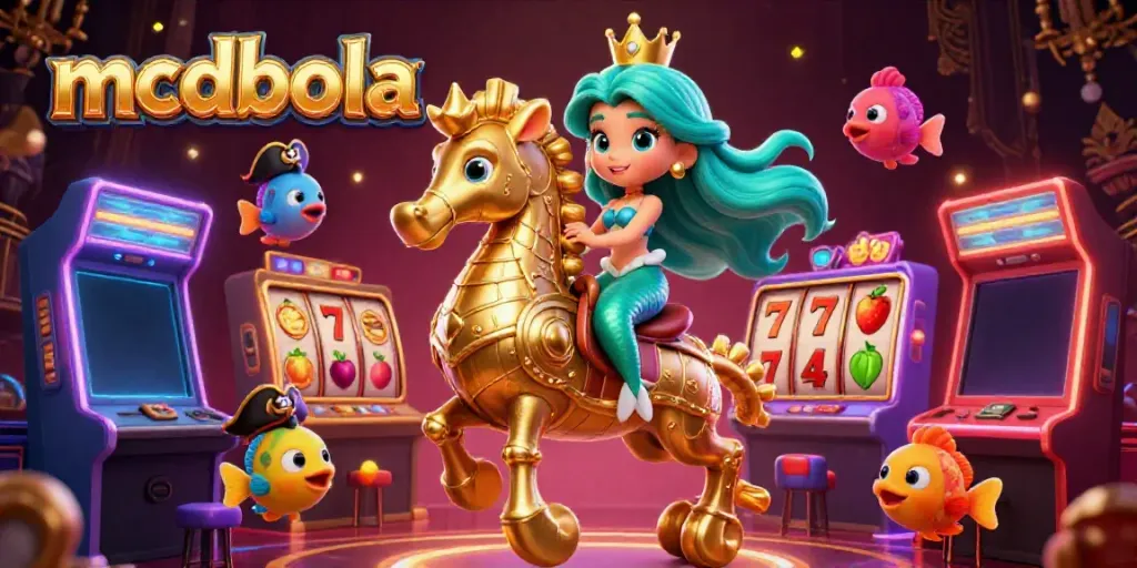 Gambarlah yang menggambarkan permainan slot di mcdbola dengan putri duyung dan kuda laut emas.