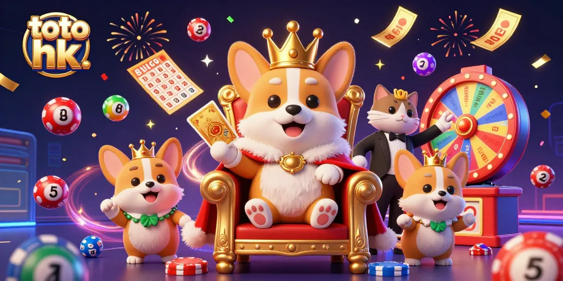 Menang di toto hk dengan ilustrasi corgi kerajaan memegang kartu hadiah di kasino.