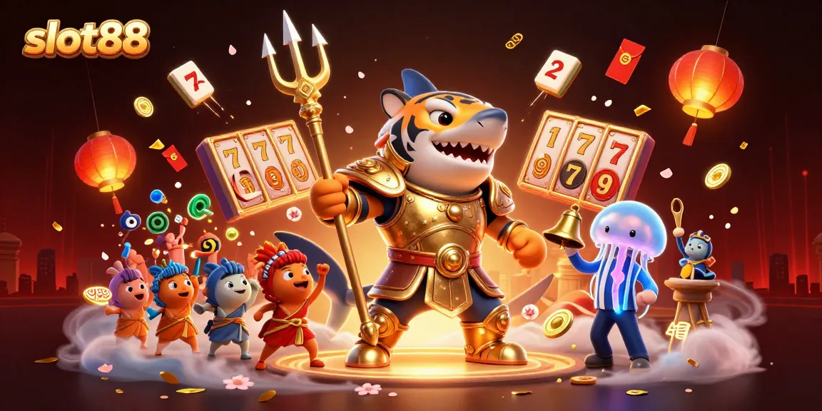 Experience thrilling gaming with slot88 as the tiger shark wields victory in a vibrant casino scene