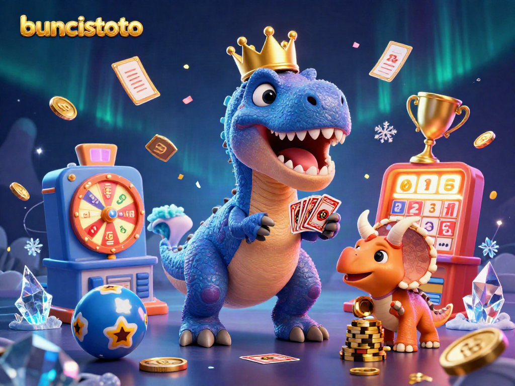 Buncistoto: T-Rex lucu bermain kartu dan triceratops menyusun chip emas dalam suasana lotere yang meriah.