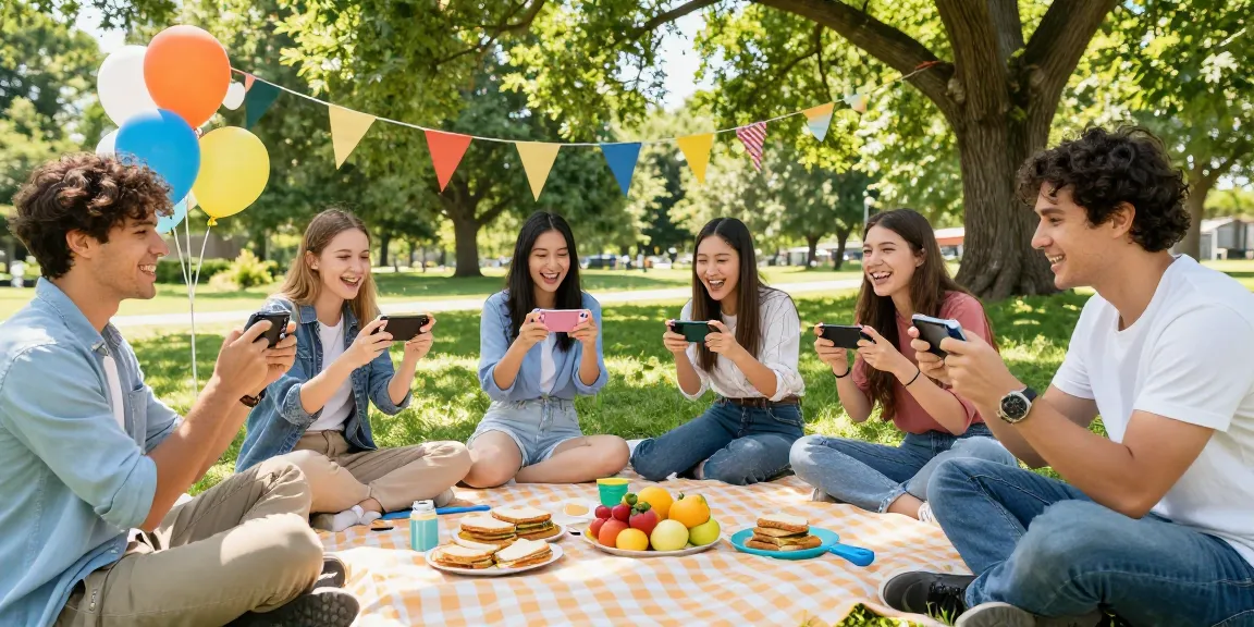 Teman-teman bermain ligagalaxy di piknik outdoor sambil menikmati makanan dan tawa